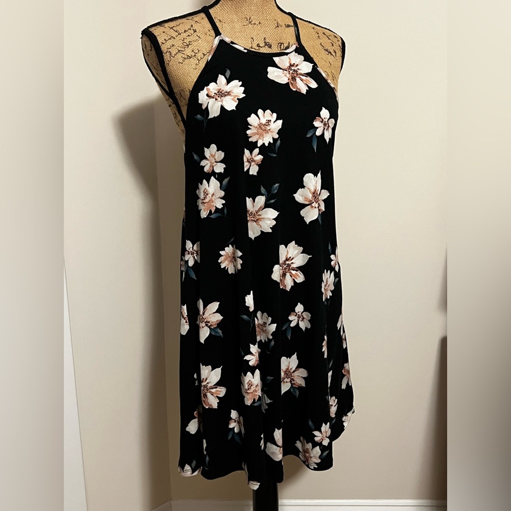 French Grey Floral Halter Swing Dress – Size XS